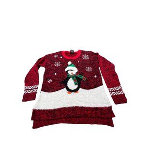 New Directions Womens Large Red Ugly Christmas Sweater Penguin Snowflake Winter
